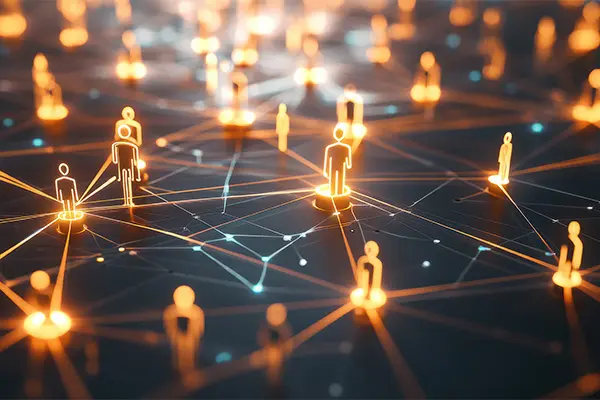 Illustrierte Personen verbunden mit leuchtenden Strahlen - Kooperationen der MW Holding GmbH